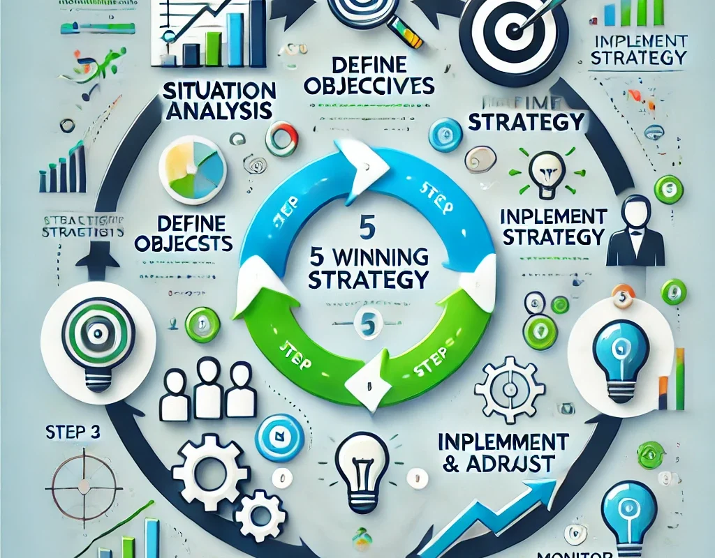 A visual representation of a 5-step framework for creating a winning business strategy, emphasizing growth and competitive advantage.