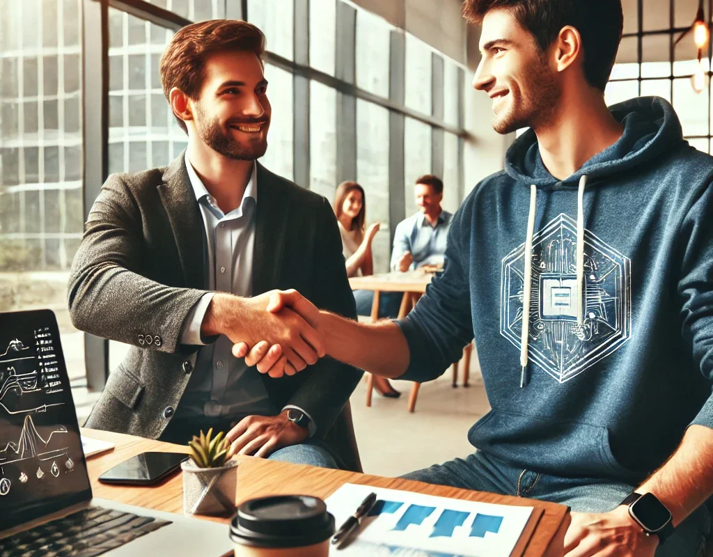 Two startup co-founders shaking hands, symbolizing a successful partnership.