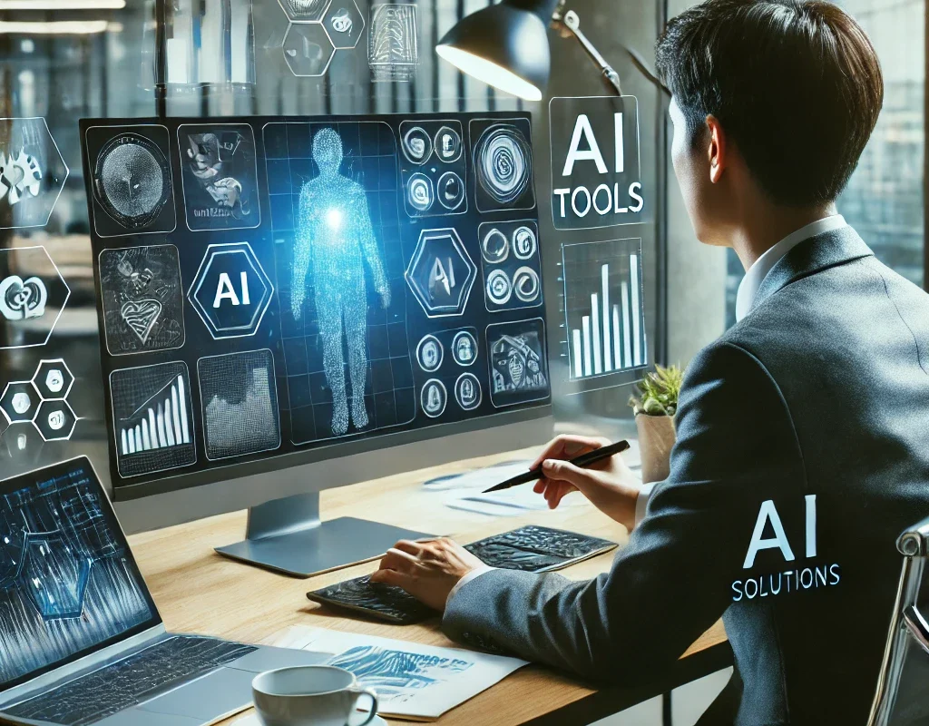 A business professional analyzing AI tools for optimized business solutions