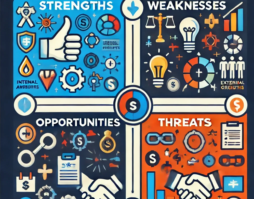 SWOT analysis chart showing strengths, weaknesses, opportunities, and threats.