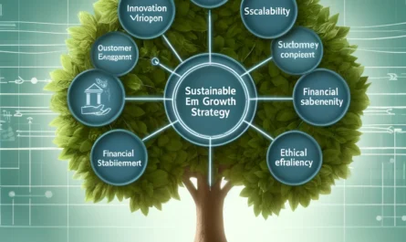 A visual representation of a sustainable business growth strategy with key components like innovation, scalability, and ethical practices