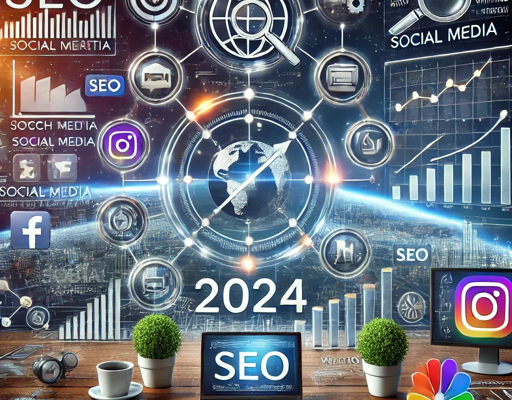 A visual representation of an effective digital marketing strategy for 2024, highlighting SEO, social media, and content creation