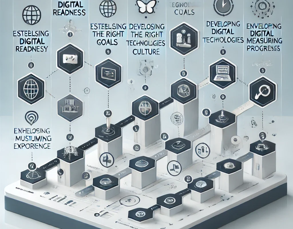 A roadmap showing steps to develop a digital transformation strategy for a business