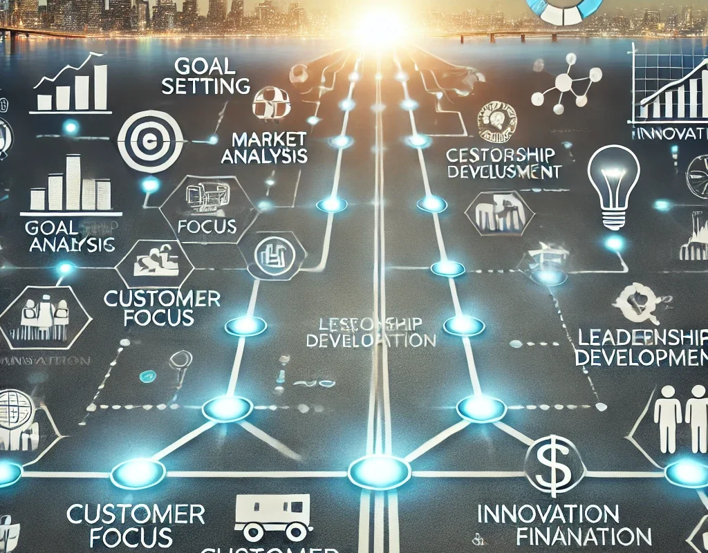 A roadmap showing a business strategy plan for achieving long-term success, growth, and sustainability