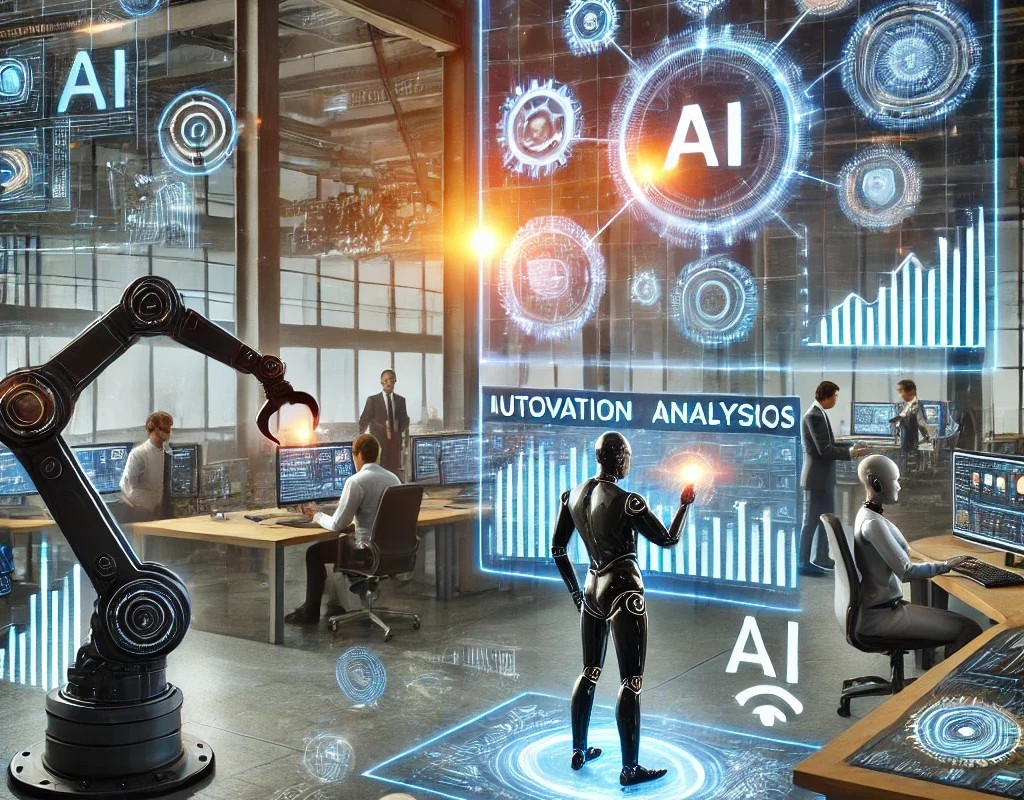 A visual representation of AI integration in business for enhanced efficiency, showing automation, data analysis, and innovation tools