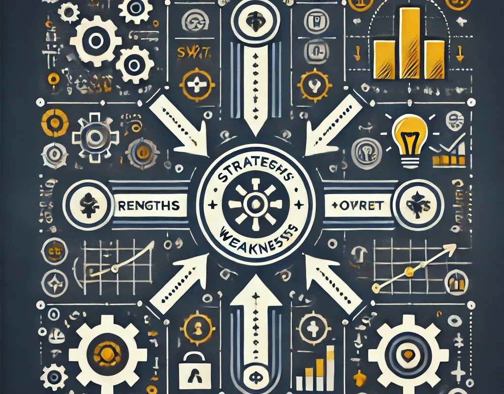 A strategic SWOT analysis diagram illustrating how to improve business performance.