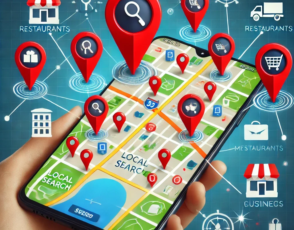 A digital map with pins highlighting local businesses, showing how Local SEO attracts more customers