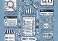 A visual guide illustrating steps to optimize an e-commerce site for SEO, including keywords, meta tags, and product pages