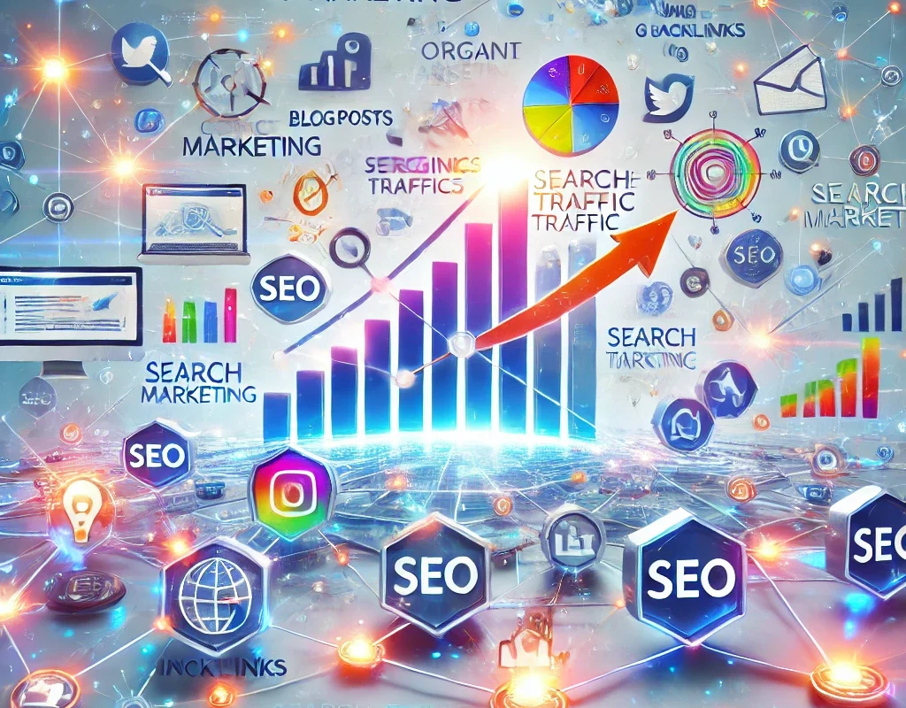 Visual representation of content marketing strategies boosting SEO and organic traffic.