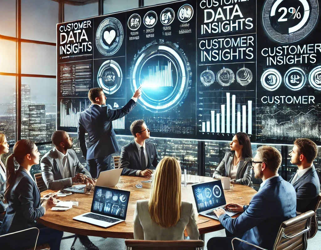 A business team analyzing customer data insights to refine their business strategy